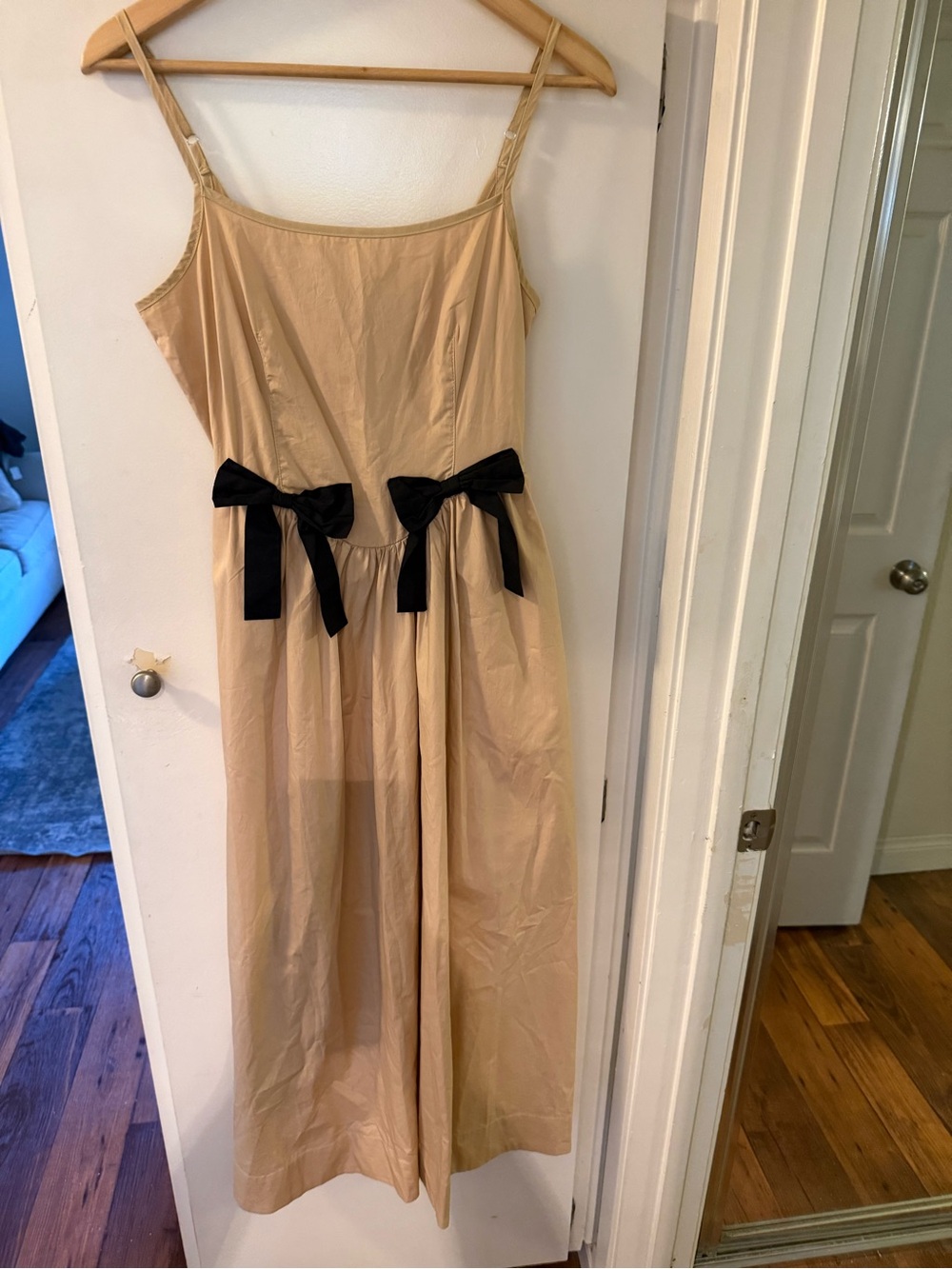 Moon river linen quiet luxury long cream dress with bow accents